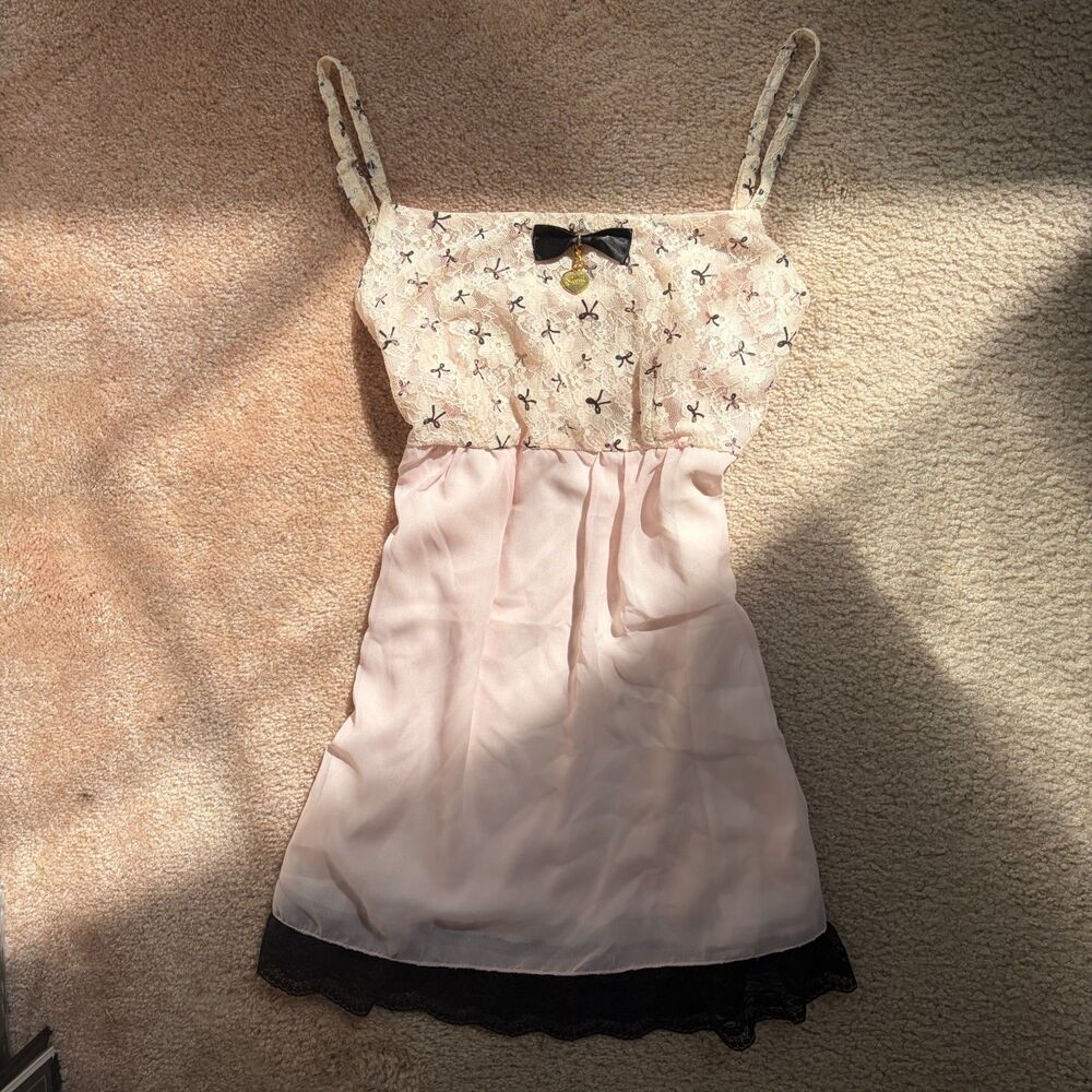 y2k coquette balletcore lace bow babydoll mini dress pink black